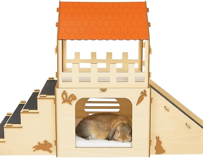 Extra Large Bunny Hideout, Cozy Rabbit Castle with Fleece Mats, Wooden Rabbit Hideout, Bunny House Indoor Indoor, Chinchilla, Guinea Pig House (Pet Safe Wood Joints)