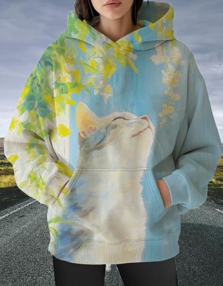 Womens Funny Cat Hoodies Oversized Graphic Hooded Sweatshirt for Women Fall Plus Size Pullover Hoodie Y2K