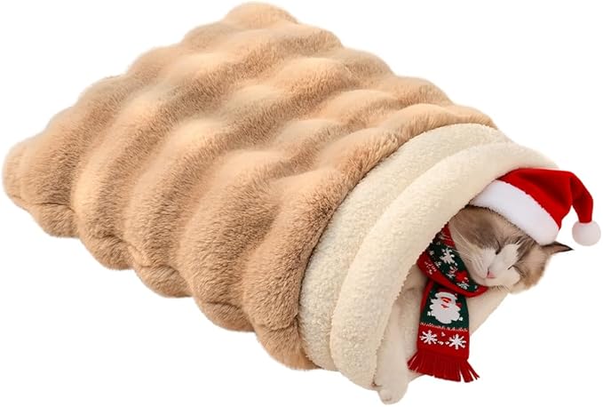 Cat Sleeping Bag for Indoor Cats Self Warming Cat Bed Fits up to 15 lbs Pets Soft Plush Warm Bed 360° Wrap Bag Washable Comfortable Pet Sleeping Bed 21" × 17" Coffee