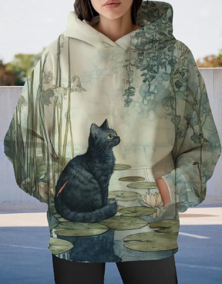 Womens Funny Cat Hoodies Oversized Graphic Hooded Sweatshirt for Women Fall Plus Size Pullover Hoodie Y2K