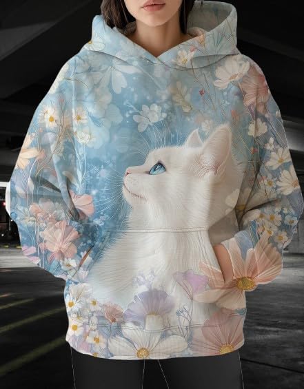 Womens Funny Cat Hoodies Oversized Graphic Hooded Sweatshirt for Women Fall Plus Size Pullover Hoodie Y2K