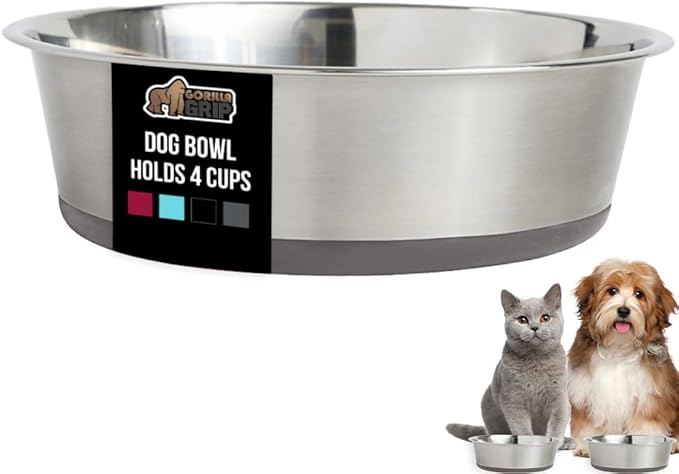 GORILLA GRIP Dog Bowl, Holds 4 Cups (32 fl oz), Heavy Duty Metal Food and Water Bowl for Feeding Dogs and Cats, Easy Clean, Dishwasher Safe, Rust Resistant Stainless Steel, BPA Free Rubber Base, Black