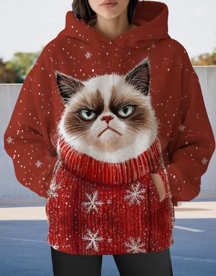 Womens Funny Cat Hoodies Oversized Graphic Hooded Sweatshirt for Women Fall Plus Size Pullover Hoodie Y2K