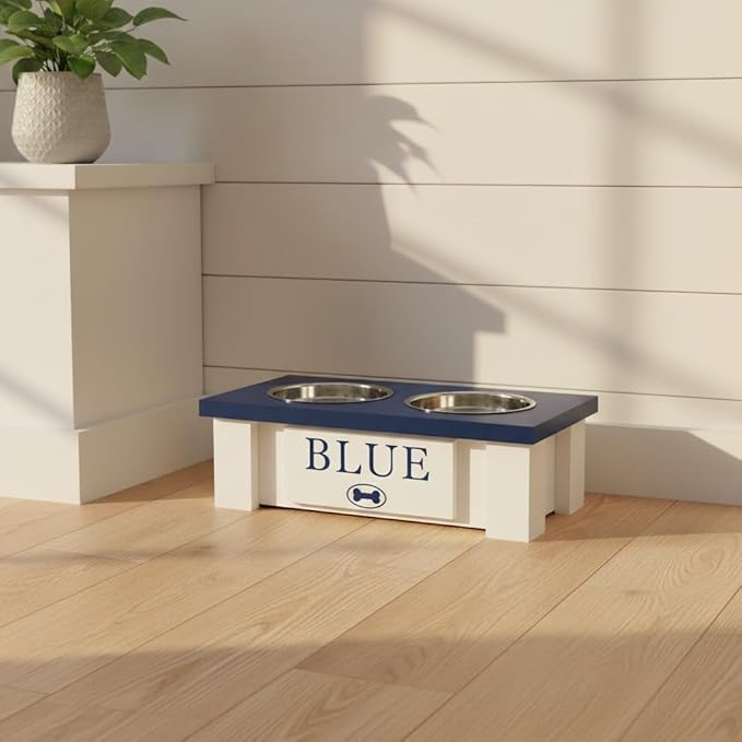 GTW Personalized Elevated Dog Bowl Stand for Large, Medium, Small, X-Small Dogs - Stainless Steel Food and Water Bowls - Raised Dog Dish with Internal Storage (X-Small, Blue)