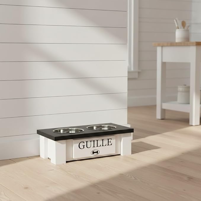 GTW Personalized Elevated Dog Bowl Stand for Large, Medium, Small, X-Small Dogs - Stainless Steel Food and Water Bowls - Raised Dog Dish with Internal Storage (X-Small, Black)