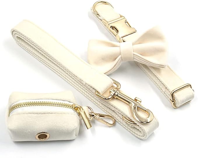 PETDURO Personalized Dog Collar Cream Soft Velvet for Large Medium Small Boy Girl Dogs - Custom Collar with Name Phone Engraved on Gold Metal Buckle - Add Matching Leash Bow Set via Customize Now
