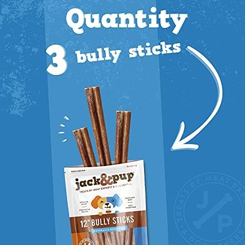 Jack&Pup 12 Inch Thick Bully Sticks for Large Dogs (3 Pack) Bully Sticks for Medium Dogs, Single Ingredient Dog Chew Sticks