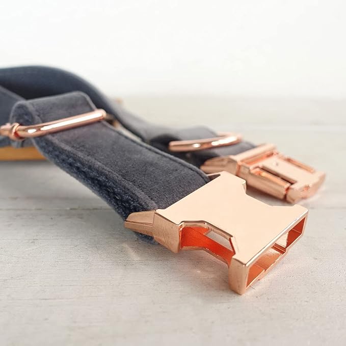 PETDURO Custom Dog Collar Personalized with Name Engraved Quick Release Rose Gold Metal Buckle for Large Medium Small Girl Dogs - Dog Leash and Bow Tie Available - Soft Comfy Velvet (Grey, S)