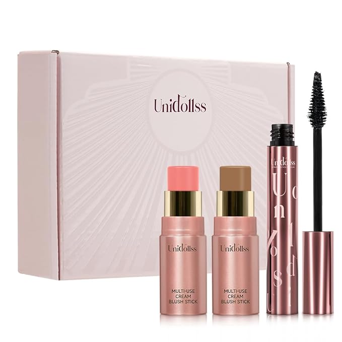 3 Pcs Unidollssbeauty Tubing Mascara and Blush Stick Set, Volume and Length Black Mascara Lengthening Long Lasting All Day, Washable Voluminous Tubing with a Random Accessory Included(01,05)