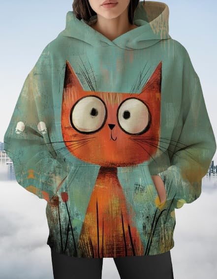 Womens Funny Cat Hoodies Oversized Graphic Hooded Sweatshirt for Women Fall Plus Size Pullover Hoodie Y2K