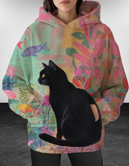 Womens Funny Cat Hoodies Oversized Graphic Hooded Sweatshirt for Women Fall Plus Size Pullover Hoodie Y2K