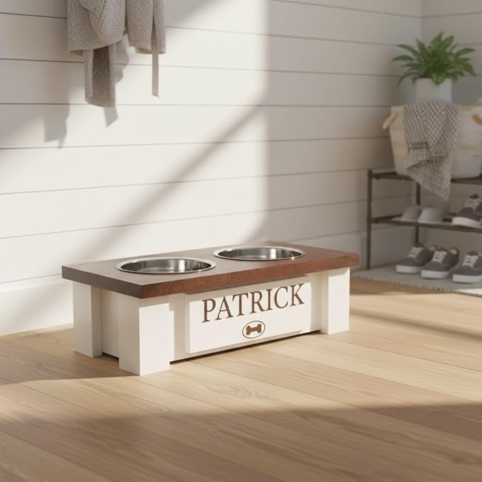 GTW Personalized Elevated Dog Bowl Stand for Large, Medium, Small, X-Small Dogs - Stainless Steel Food and Water Bowls - Raised Dog Dish with Internal Storage (X-Small, Dark Walnut)