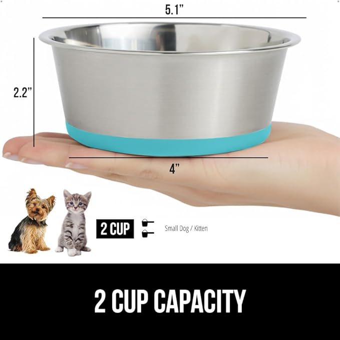 GORILLA GRIP Dog Bowl, Holds 2 Cups (16 fl oz), Heavy Duty Metal Food and Water Bowl for Feeding Dogs and Cats, Dishwasher Safe, Rust Resistant Stainless Steel, BPA Free Rubber Base, Turquoise