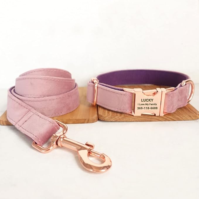 PETDURO Personalized Dog Collar Pink Purple Soft Velvet for Large Medium Small Boy Girl Dogs - Custom Collar with Name Phone Engraved on Rose Gold Metal Buckle - Add Leash Bow Set via Customize Now
