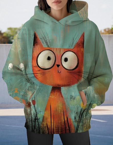 Womens Funny Cat Hoodies Oversized Graphic Hooded Sweatshirt for Women Fall Plus Size Pullover Hoodie Y2K