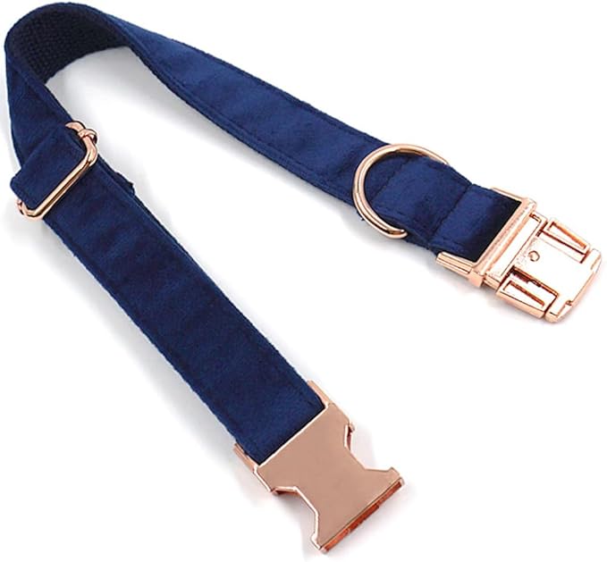 PETDURO Personalized Dog Collar Navy Blue Soft Velvet for Large Medium Small Boy Girl Dogs - Custom Collar with Name Phone Engraved on Rose Gold Metal Buckle - Add Matching Leash Set via Customize Now