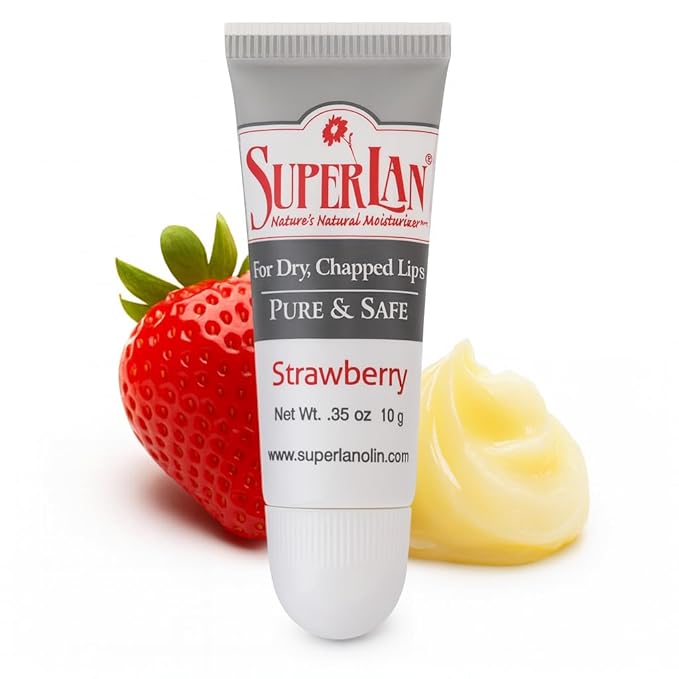 Organic Lanolin Lip Balm - Lip Repair for Hot/Dry Weather - Natural Nipple Cream Lanolin - Moisturizer for cracked lips - Hydrating lip care - Pure jojoba oil - Kosher Strawberry chapstick (0.35 Oz)