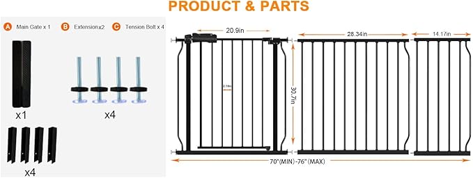HOOEN 30" Tall Extra Wide Baby Gates 67 to 71.5 Inch Large Long Pressure Mounted Dog Gate for Doorways Stairs Child Safety Gates Tension Baby Gate Indoor Walk Through Gate for Kids or Pets