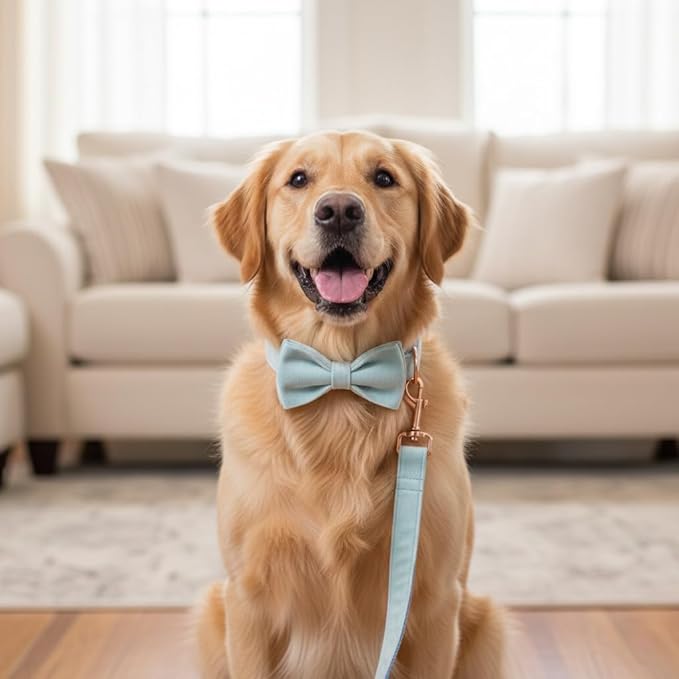PETDURO Custom Dog Collar Personalized with Name Engraved Quick Release Rose Gold Metal Buckle for Large Medium Small Girl Dogs - Dog Leash and Bow Tie Available - Soft Comfy Velvet (Sky Blue, M)