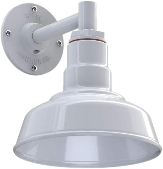 Steel Lighting Co. | Dusk to Dawn | Hawthorne Barn Light | Outdoor Wall Mounted | 8 in Dome | 6 in Straight Arm| Small Farmhouse Light Made in America | White Exterior/White Interior