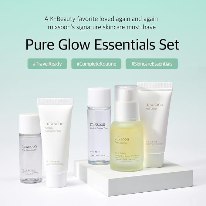 mixsoon Pure Glow Essentials Set - 5-Step Skincare Kit - Travel kit, Travel size kit, Hydrating Skincare Gift Set (15ml*1+20ml*3+30ml*1) Korean Glass Skin Care