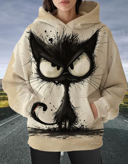 Womens Funny Cat Hoodies Oversized Graphic Hooded Sweatshirt for Women Fall Plus Size Pullover Hoodie Y2K