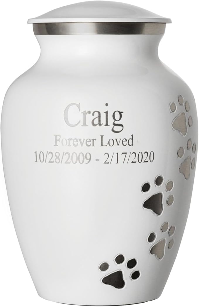 Pet Urn for Dogs and Cats with Personalized Laser Engraving, Ottillie Paws Premier Series Memorial Urns (Medium Cloud White with Vertical Pewter Paws)