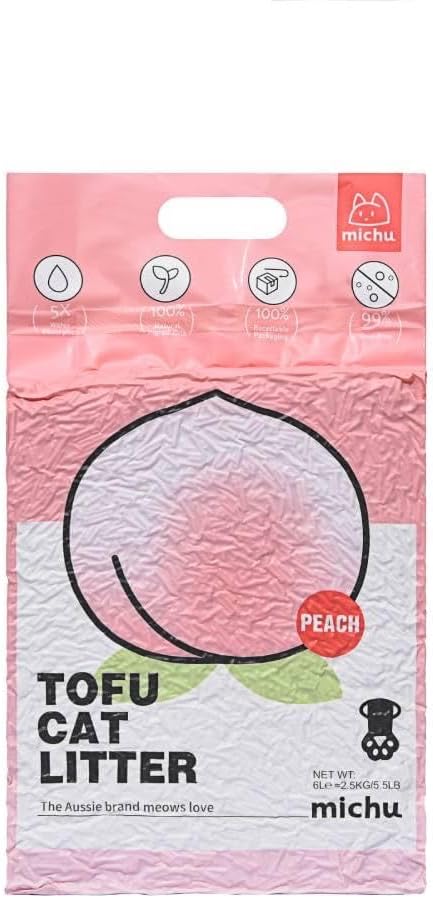 Michu Tofu Cat Litter Natural Clumping Tofu Cat Litter, Fast Clumping and Easily Scoop-able 5.5lb/88oz 5 Scents - Peach, 6 Pack