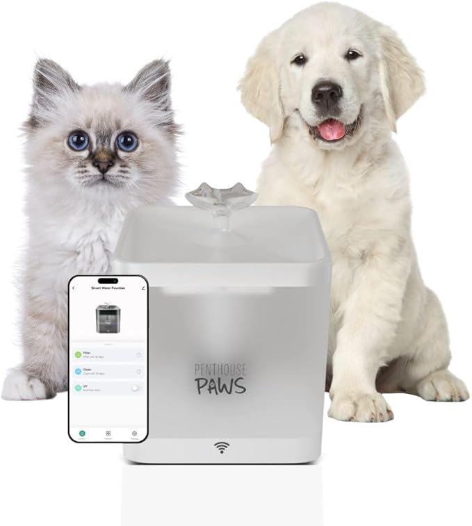 Penthouse Paws Smart Cat Water Fountain 2.2L, Ultra Quiet Pump, App Control, Motion Sensor, 5 Stage Filter, Whisker Friendly Bowl, Automatic Water Dispenser for Cats Dogs, White