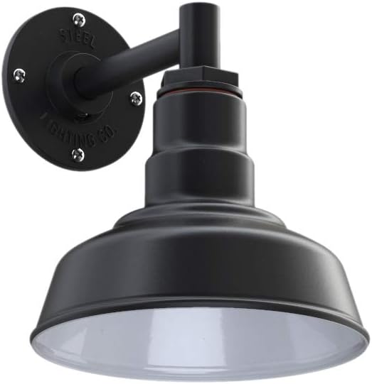 Steel Lighting Co. | Dusk to Dawn | Hawthorne Barn Light | Outdoor Wall Mounted | 8 in Dome | 6 in Straight Arm| Small Farmhouse Light Made in America | Matte Black Exterior/White Interior