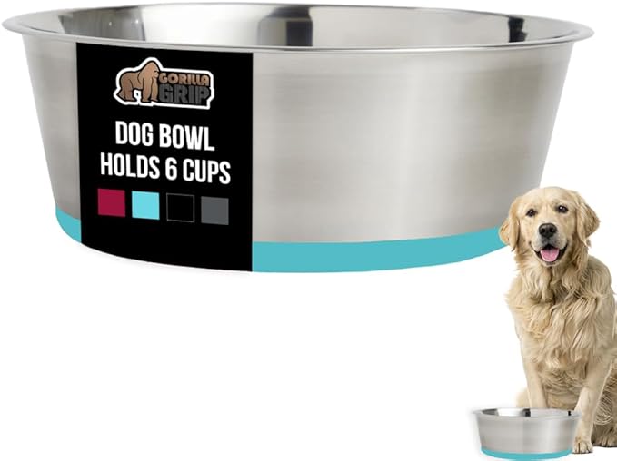 GORILLA GRIP Dog Bowl, Holds 6 Cups (48 fl oz), Heavy Duty Metal Food and Water Bowl for Feeding Dogs and Cats, Dishwasher Safe, Rust Resistant Stainless Steel, BPA Free Rubber Base, Turquoise