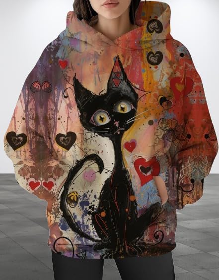 Womens Funny Cat Hoodies Oversized Graphic Hooded Sweatshirt for Women Fall Plus Size Pullover Hoodie Y2K