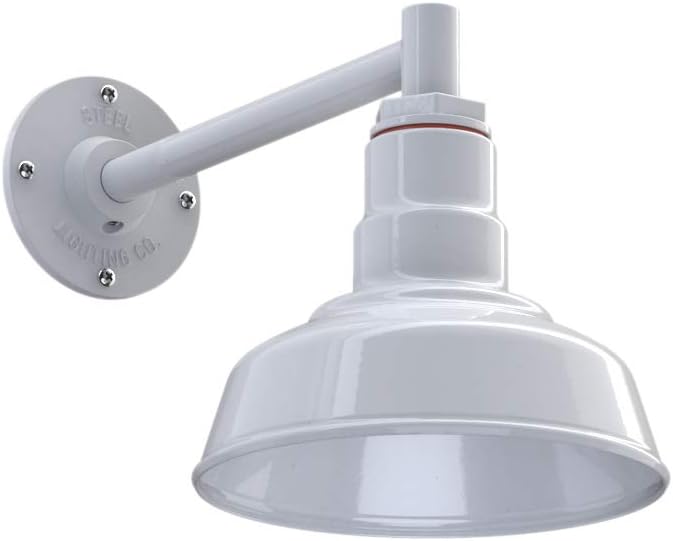 Steel Lighting Co. | Dusk to Dawn | Hawthorne Barn Light | Outdoor Wall Mounted | 8 in Dome | 11 inch Straight Arm| Small Farmhouse Light Made in America | White Exterior/White Interior