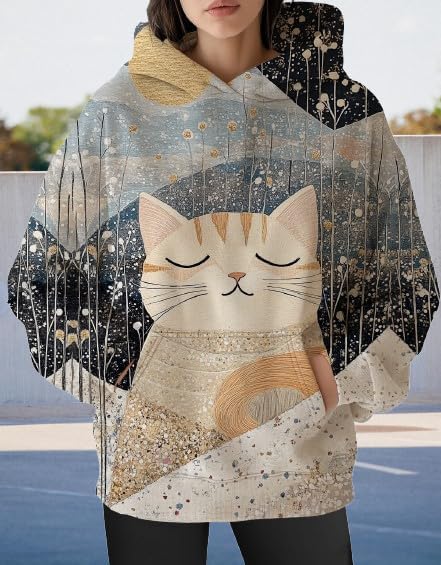 Womens Funny Cat Hoodies Oversized Graphic Hooded Sweatshirt for Women Fall Plus Size Pullover Hoodie Y2K