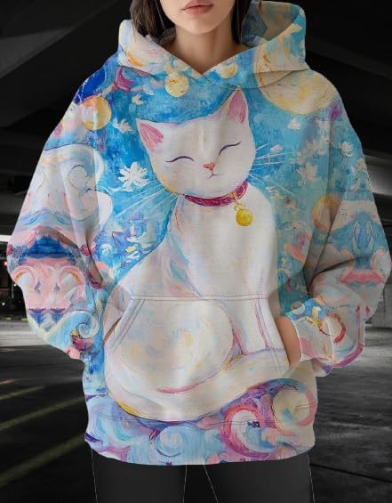 Womens Funny Cat Hoodies Oversized Graphic Hooded Sweatshirt for Women Fall Plus Size Pullover Hoodie Y2K