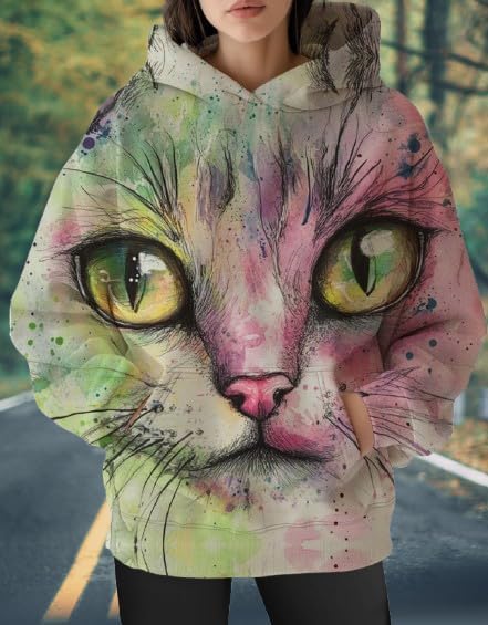 Womens Funny Cat Hoodies Oversized Graphic Hooded Sweatshirt for Women Fall Plus Size Pullover Hoodie Y2K