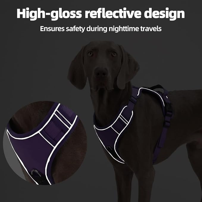 Airtag Dog Harness Chest Plate Reflective No Pull Harness with Leash for Extra Large Dogs (Purple, L)