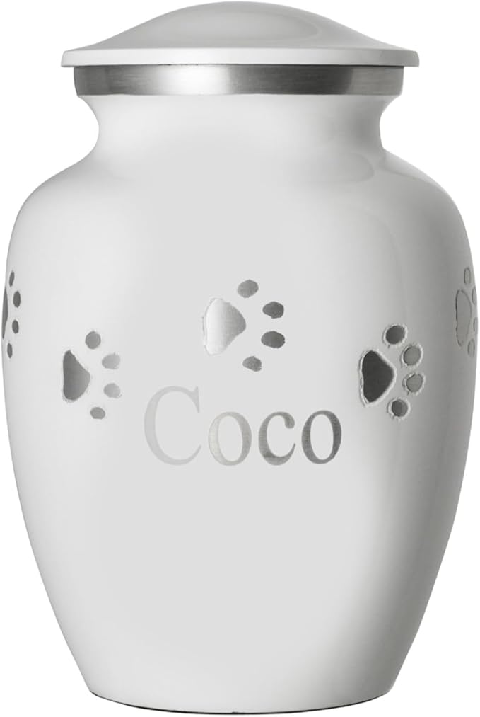 Pet Urn for Dogs and Cats with Personalized Laser Engraving, Ottillie Paws Premier Series Memorial Urns (Medium Cloud White with Horizontal Pewter Paws)