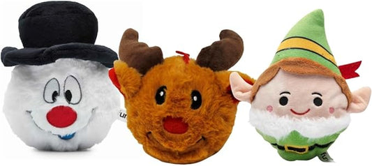 Flourish Pets 2 in 1 Multi-Layer Chew Toy for Active Dogs | Non-Toxic BPA Free Double Stitched Soft Fabric Exterior Dog Toys | Long-Lasting Dog Plush Toys - Elf, Snowman, Reindeer 3-Pack 3.5"