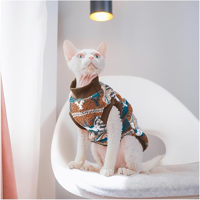 Sphynx Cat Clothes,Boho Style Cat Clothes for Fall Winter, 2-Legged Fleece Lined Warm Shirt, Soft Plush Sweater for Hairless Cats Devon Rex (Brown, Medium (3.5-5 lbs))