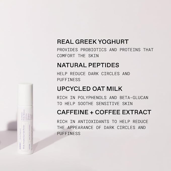 KORRES Greek Yoghurt Wide Awake Eye Gel Serum with Hyaluronic Acid & Caffeine for Dark Circles & Puffy Eyes, Roller Ball, Brightening & Hydrating, 0.51 fl oz