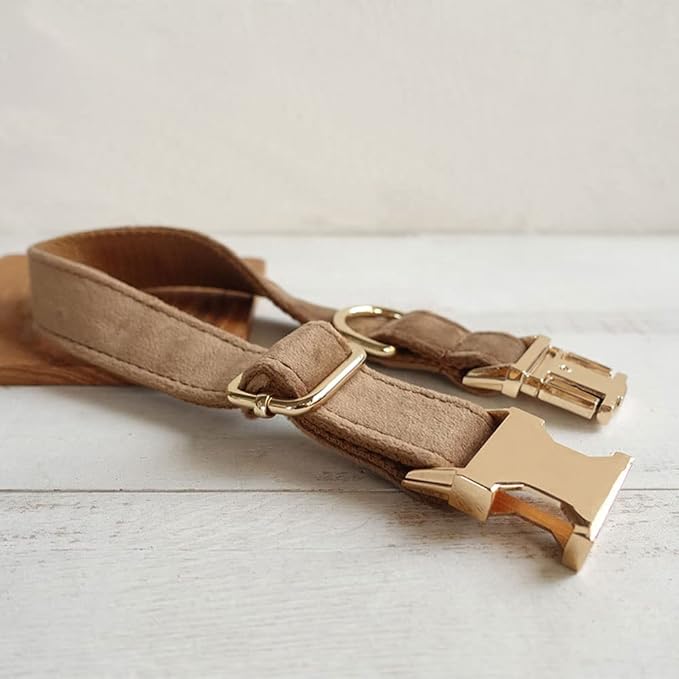 PETDURO Custom Dog Collar Personalized with Name Engraved Gold Metal Buckle for Large Medium Small Dogs - Dog Leash and Bow Tie Available - Soft Thick Velvet (Camel RG, M)