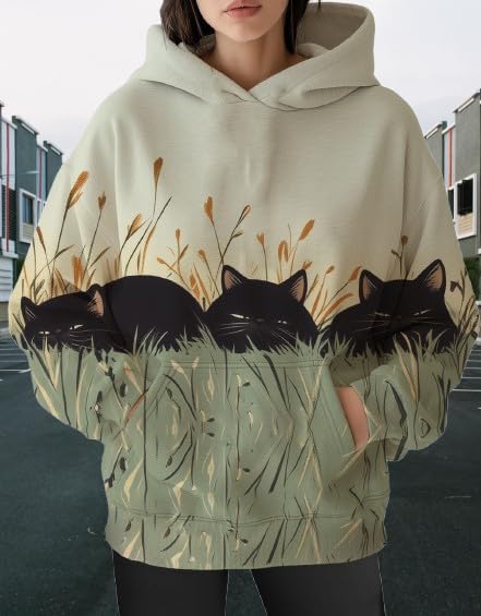 Womens Funny Cat Hoodies Oversized Graphic Hooded Sweatshirt for Women Fall Plus Size Pullover Hoodie Y2K