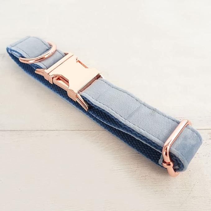 PETDURO Personalized Dog Collar Dusty Blue Soft Velvet for Large Medium Small Boy Girl Dogs - Custom Collar with Name Phone Engraved on Rose Gold Metal Buckle - Add Leash Bow Set via Customize Now