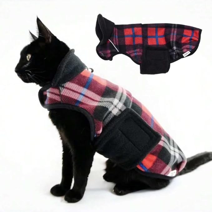 Sphynx Cat Windproof Turtleneck Jacket, Cat Puppy Warm Fleece Hoodie Fall and Winter,Easy to Wear Cat Coat with Velcro,Neck and Chest Adjustable Sweater (M (3.5-5.5lbs))