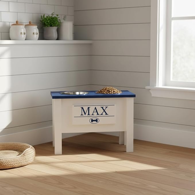 GTW Personalized Elevated Dog Bowl Stand for Large, Medium, Small, X-Small Dogs - Stainless Steel Food and Water Bowls - Raised Dog Dish (X-Large, Blue)