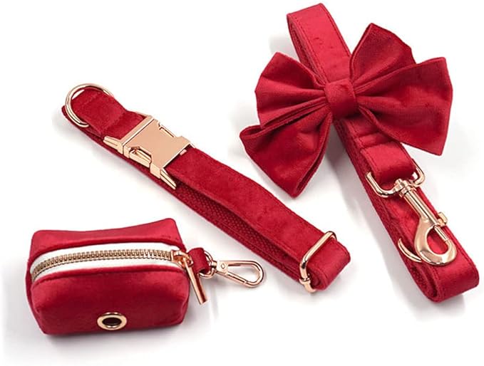 PETDURO Custom Dog Collar Personalized with Name Engraved Rose Gold Metal Buckle for Large Medium Small Girl Dogs - Dog Leash and Bow Tie Available - Soft Comfy Velvet (Christmas Red RG, S)