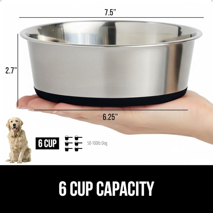 GORILLA GRIP Dog Bowl, Holds 6 Cups (48 fl oz), Heavy Duty Metal Food and Water Bowl for Feeding Dogs and Cats, Easy Clean, Dishwasher Safe, Rust Resistant Stainless Steel, BPA Free Rubber Base, Black