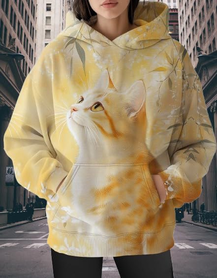 Womens Funny Cat Hoodies Oversized Graphic Hooded Sweatshirt for Women Fall Plus Size Pullover Hoodie Y2K