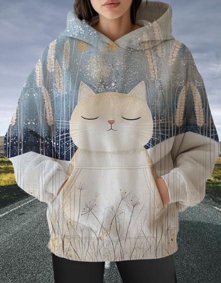 Womens Funny Cat Hoodies Oversized Graphic Hooded Sweatshirt for Women Fall Plus Size Pullover Hoodie Y2K